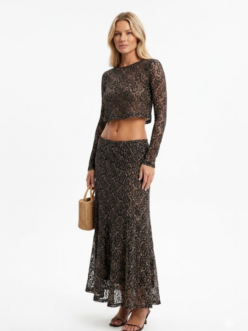 Free People Laney Set Floral Long Sleeve Crop Top & Matching Skirt - Size Large